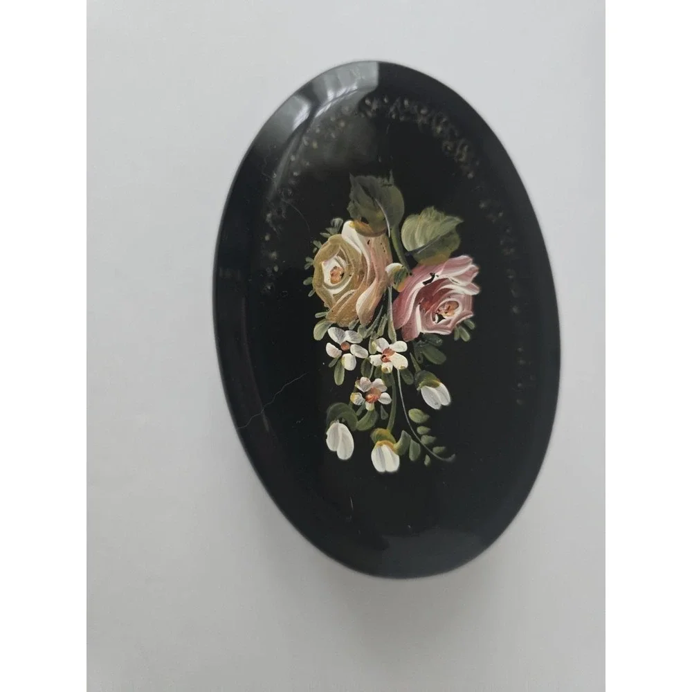 Vintage Portuguese Hand Painted Black Ceramic Floral Trinket Box